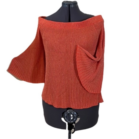 Monari Italy Orange Sparkle Ribbed Off Shoulder Knit Top Size 8 - Picture 1 of 15